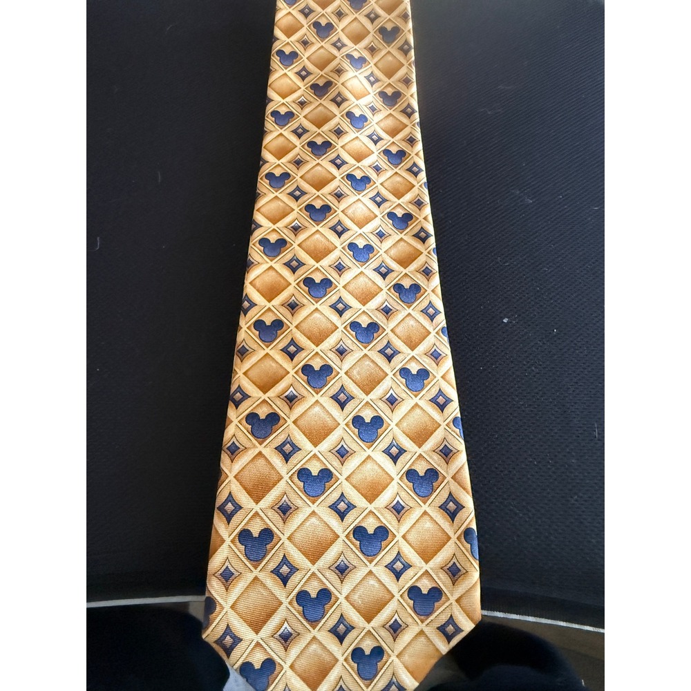 Disney Walt World Mens Tie Gold Blue‎ Mickey Mouse Pattern Silk Blend